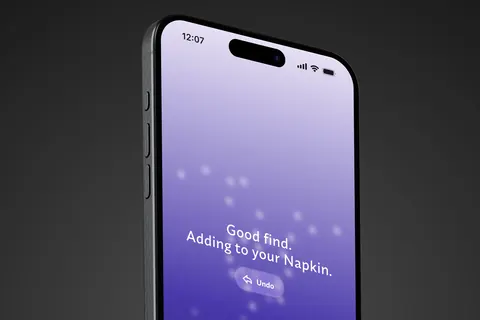 iPhone 16s screen showing Napkin app "Add to Napkin" screen from iOS share with message, "Good find. Adding to your Napkin," and an Undo button.