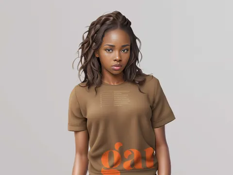 A young woman with braided hair wearing a Khaki Brown t-shirt with a wraparound Gander logo in orange on here right waist side.
