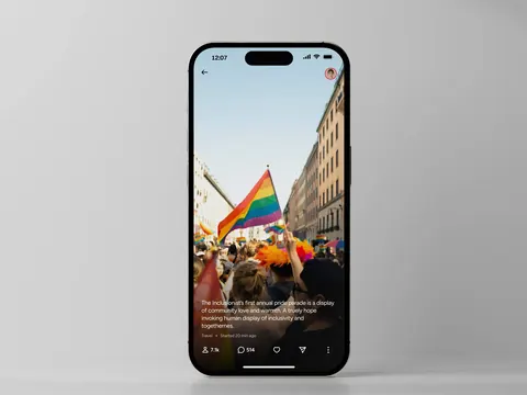 iPhone 16 displaying Gander app live stream screen showing a pride parade with a rainbow flag with event details.