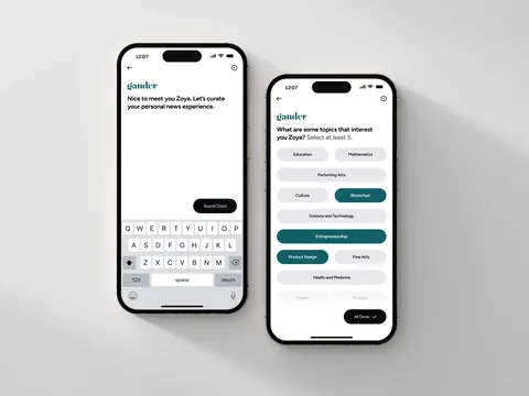 Two iPhone 16s displaying the Gander app onboarding screens for personalizing news interests.